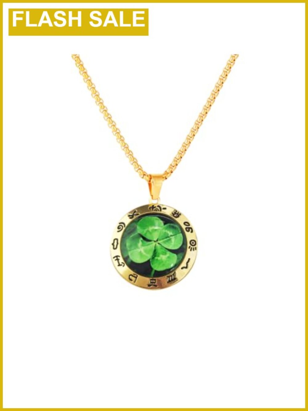 Vintage Four-Leaf Clover Necklace 24" Egyptian Hieroglyphic Crystal Glass